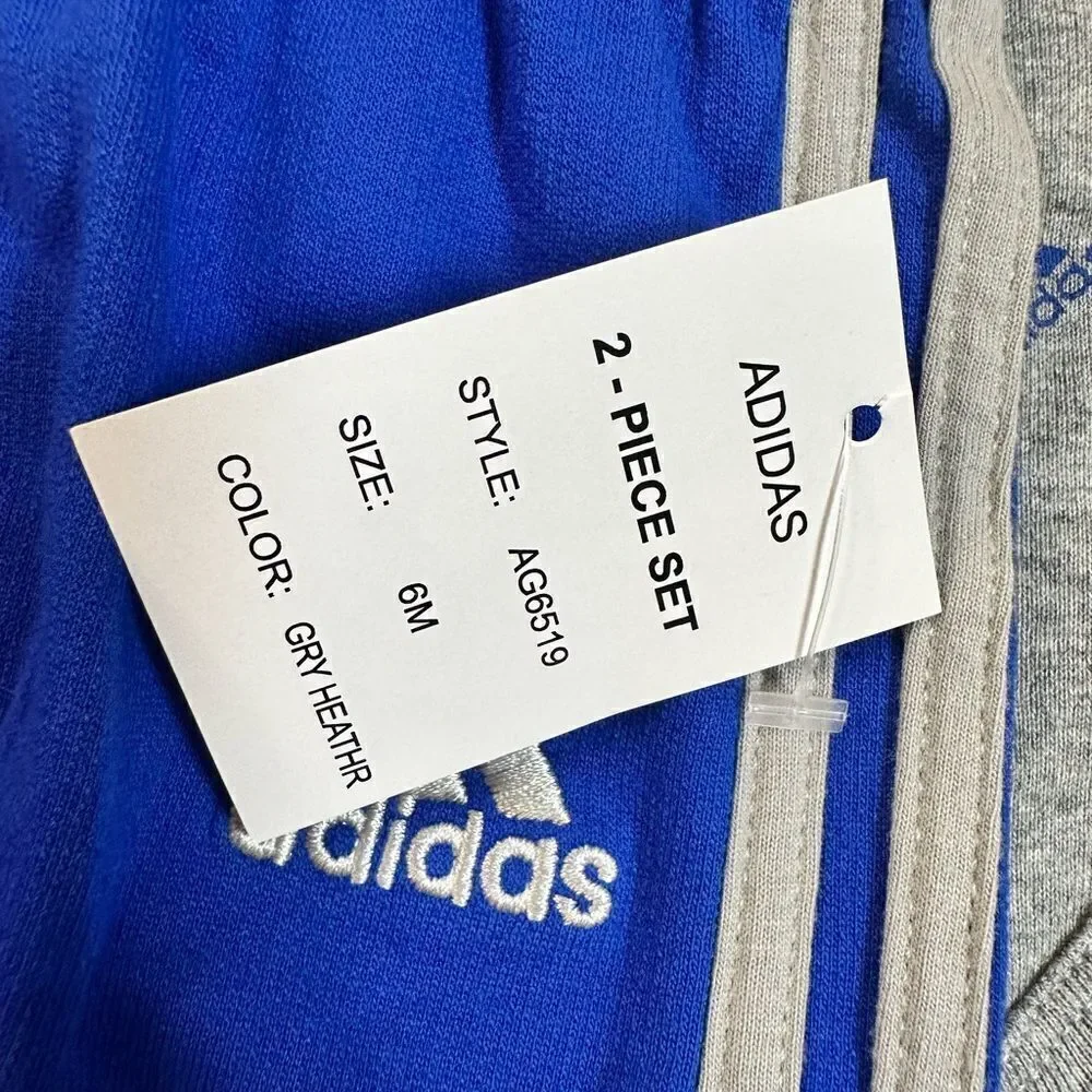 NWT Adidas Baby 2 Piece Logo Gray Body Shirt Blue Jogging Pant Set - Size 6M